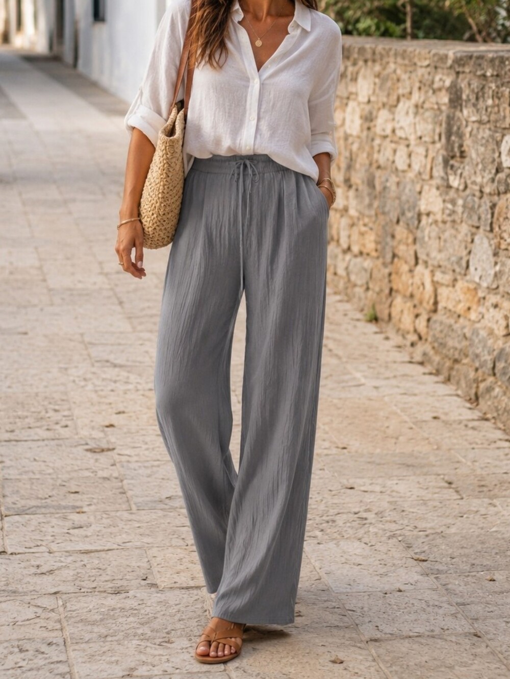 Zara Light Gray Crinkle Wide Leg Pants Elastic Waist Viscose Blend Casual Lounge